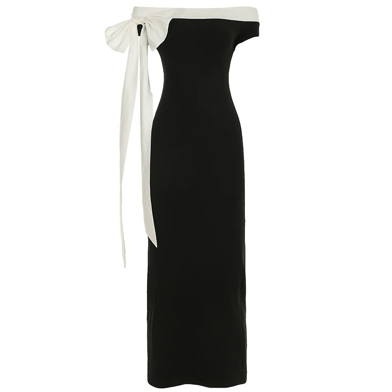 Rockaway Minimalism Color blocking Ribbon Bow Off Shoulder Fitted Floor Length Dress