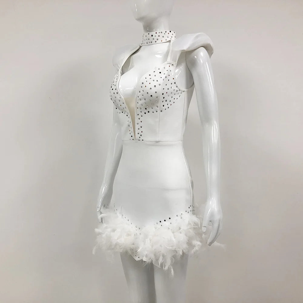 Kaser Fashion Elegant Temperament With Diamond Bandage Feather Dress