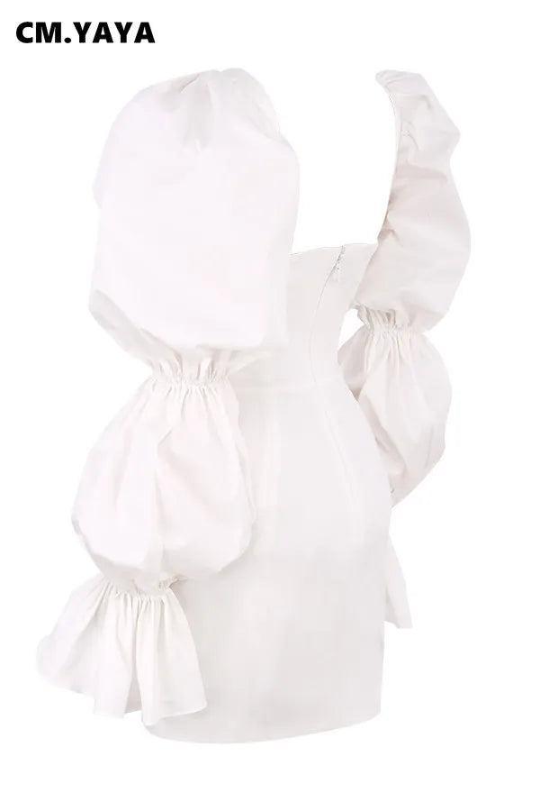 Bayonne Solid Full Puff Sleeve Square Collar Bandage Stretchy Bodycon Dresses