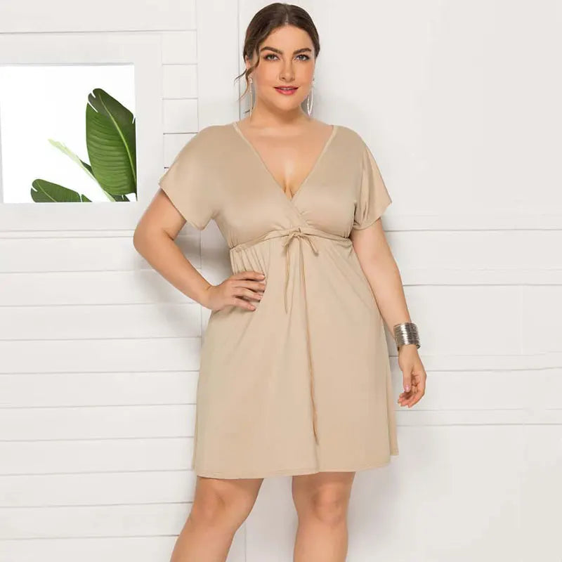 PLUS SIZE V Neck Sleeve Elastic Waist Frenulum Casual Loose Mini Dress