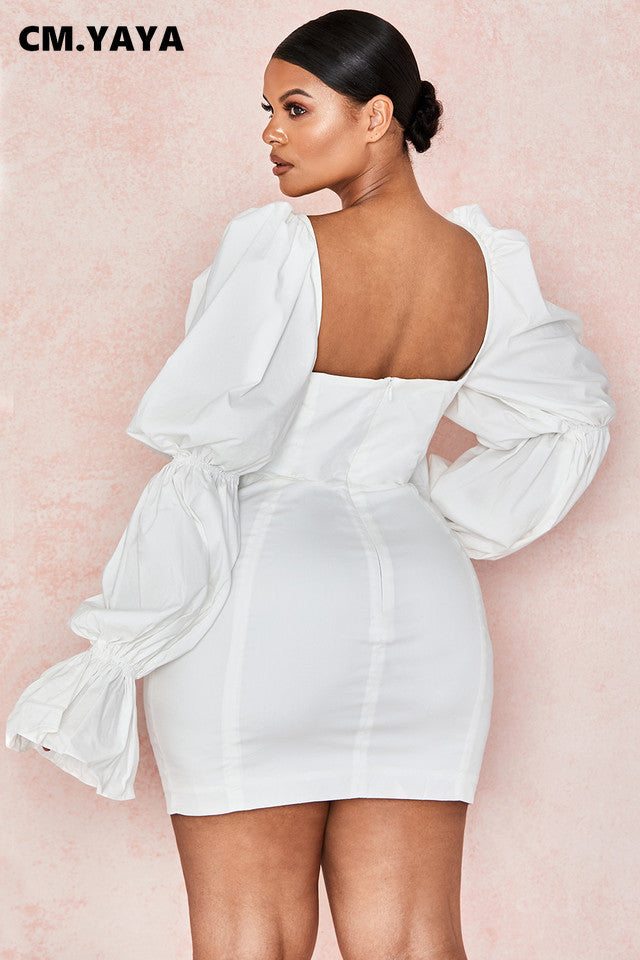 Bayonne Solid Full Puff Sleeve Square Collar Bandage Stretchy Bodycon Dresses