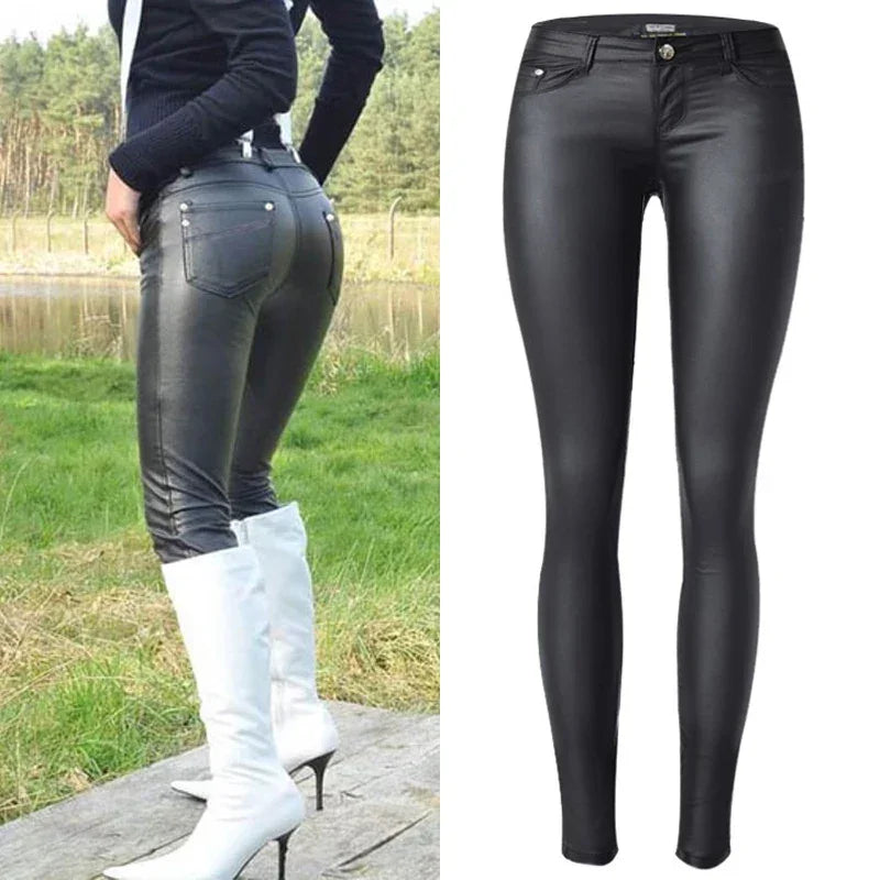 Staten Island Low Waist Faux Pu Leather Pants Punk Gothic Lady Skinny Pencil Trousers