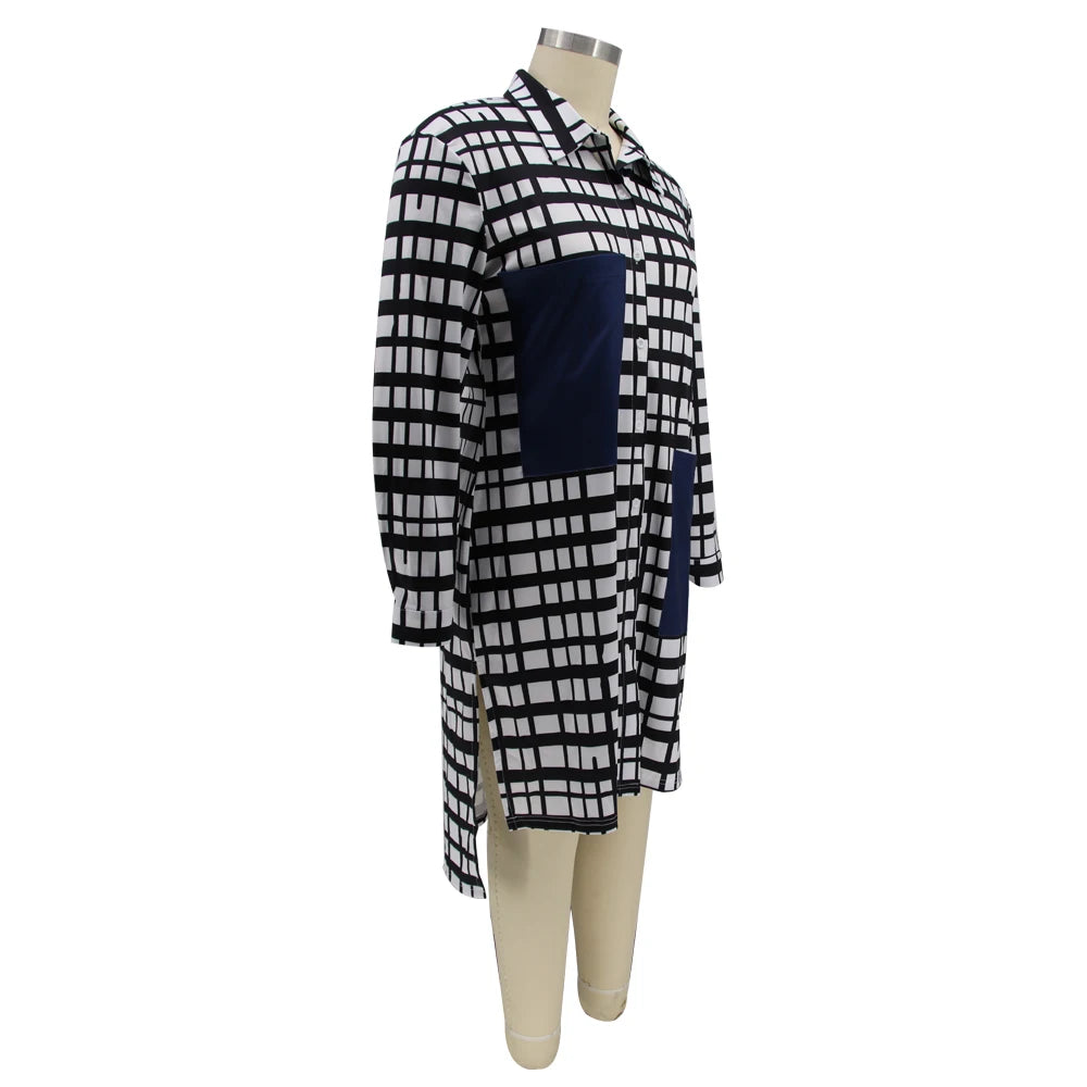 Kentucky Buttons Casual Long Sleeve Loose Office Lady Plaid Midi Dress