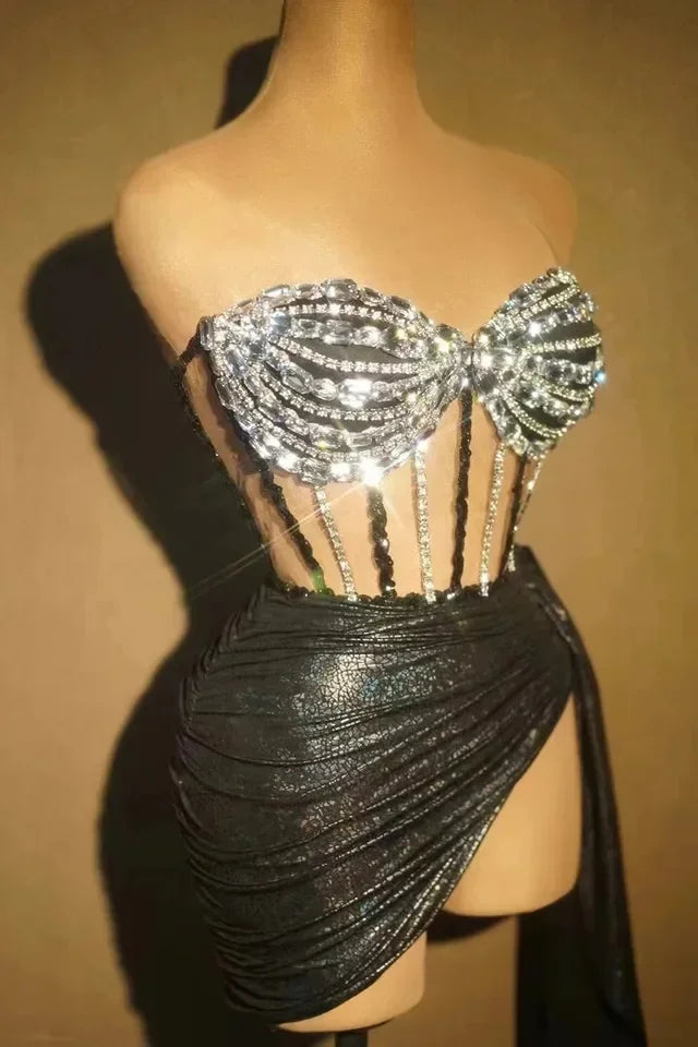 Glen Gardner Chiffon Tube Bandage Natural Sparkly Rhinestones Dress