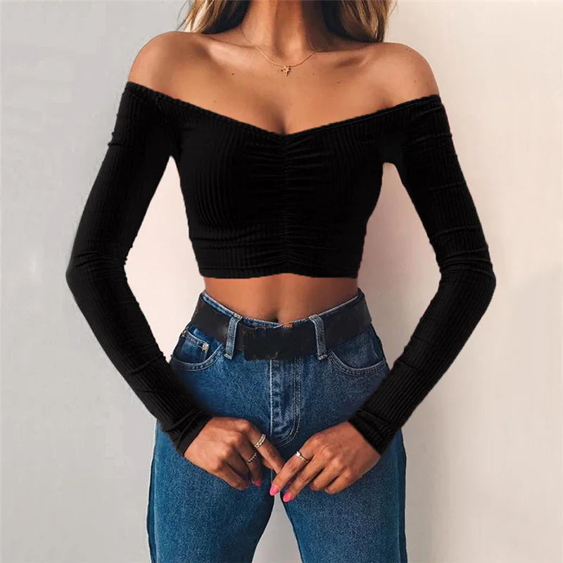 Marte Club Fashion Long Sleeve Off Shoulder Solid Color Blouse