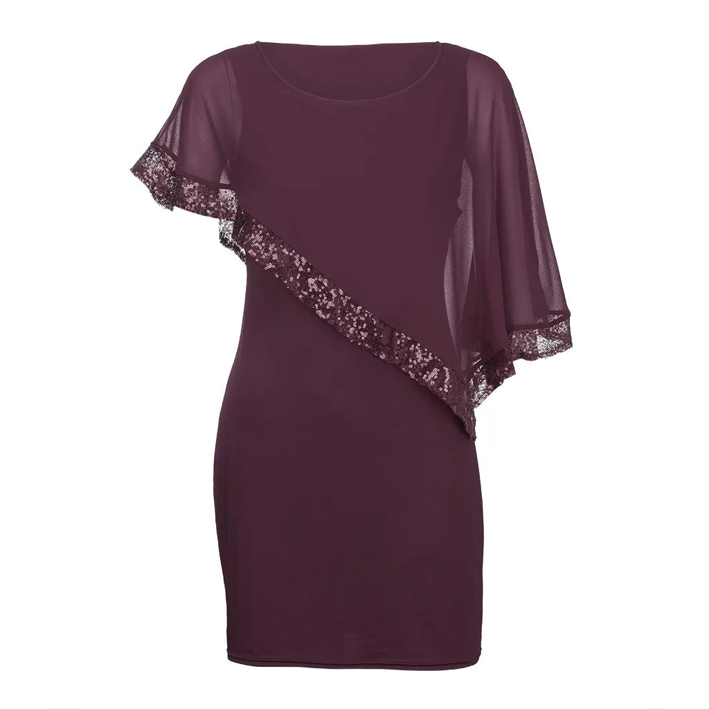 Carolina Plus Size Sexy Cold Shoulder Overlay Asymmetric Chiffon Strapless Sequins Dress