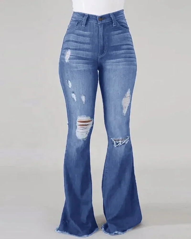 Pottstown Elastic Hole High-Waisted Flared Denim Trousers