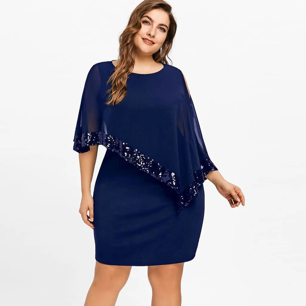 Carolina Plus Size Sexy Cold Shoulder Overlay Asymmetric Chiffon Strapless Sequins Dress