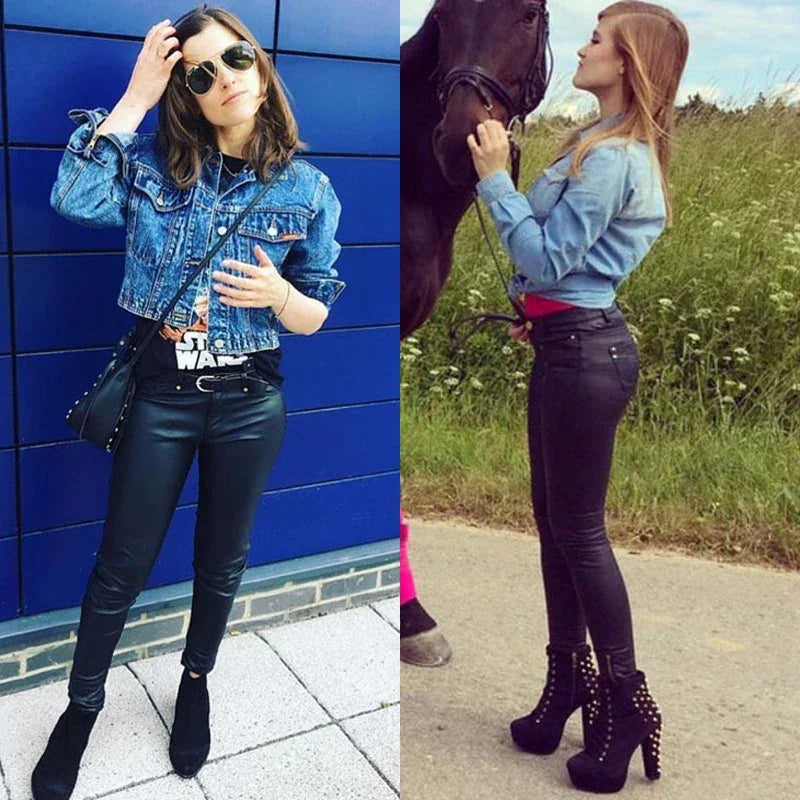 Staten Island Low Waist Faux Pu Leather Pants Punk Gothic Lady Skinny Pencil Trousers