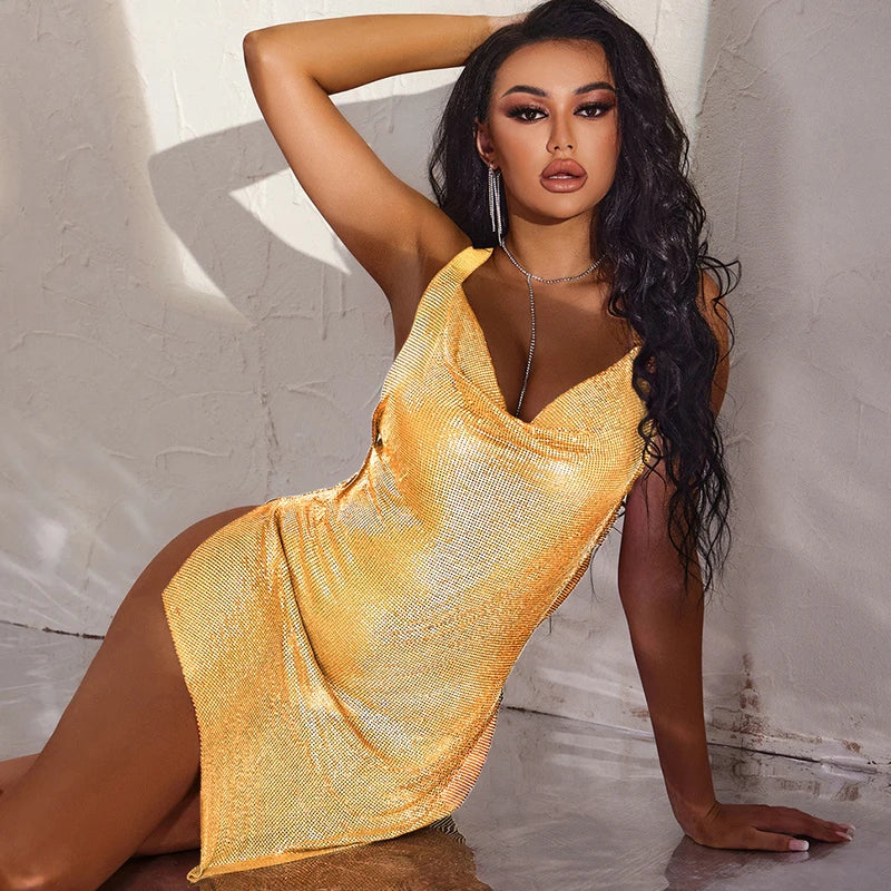 Sherbrooke Sexy Clothes High Slit Deep V Bling Backless Club Wear Party Dresses