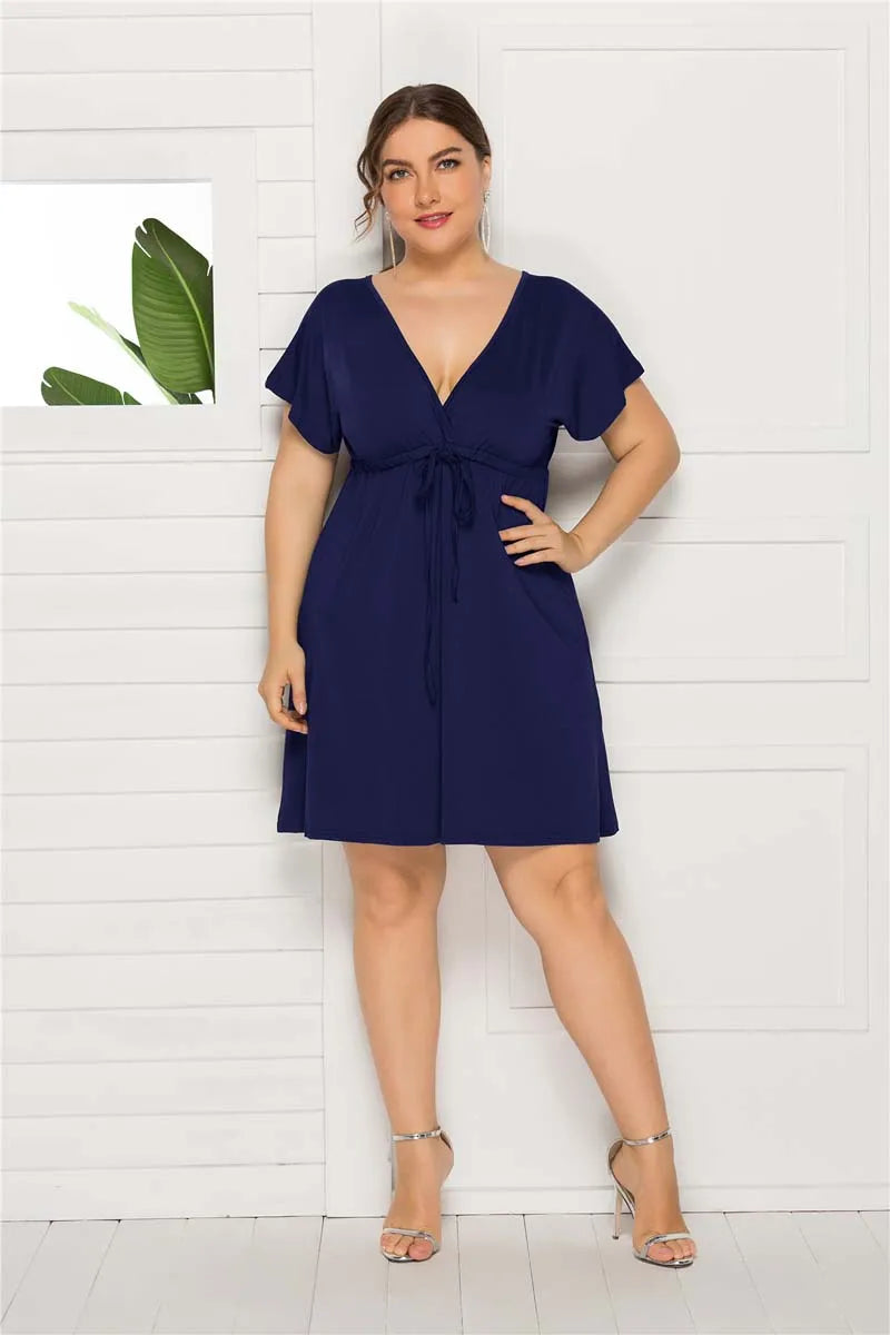PLUS SIZE V Neck Sleeve Elastic Waist Frenulum Casual Loose Mini Dress