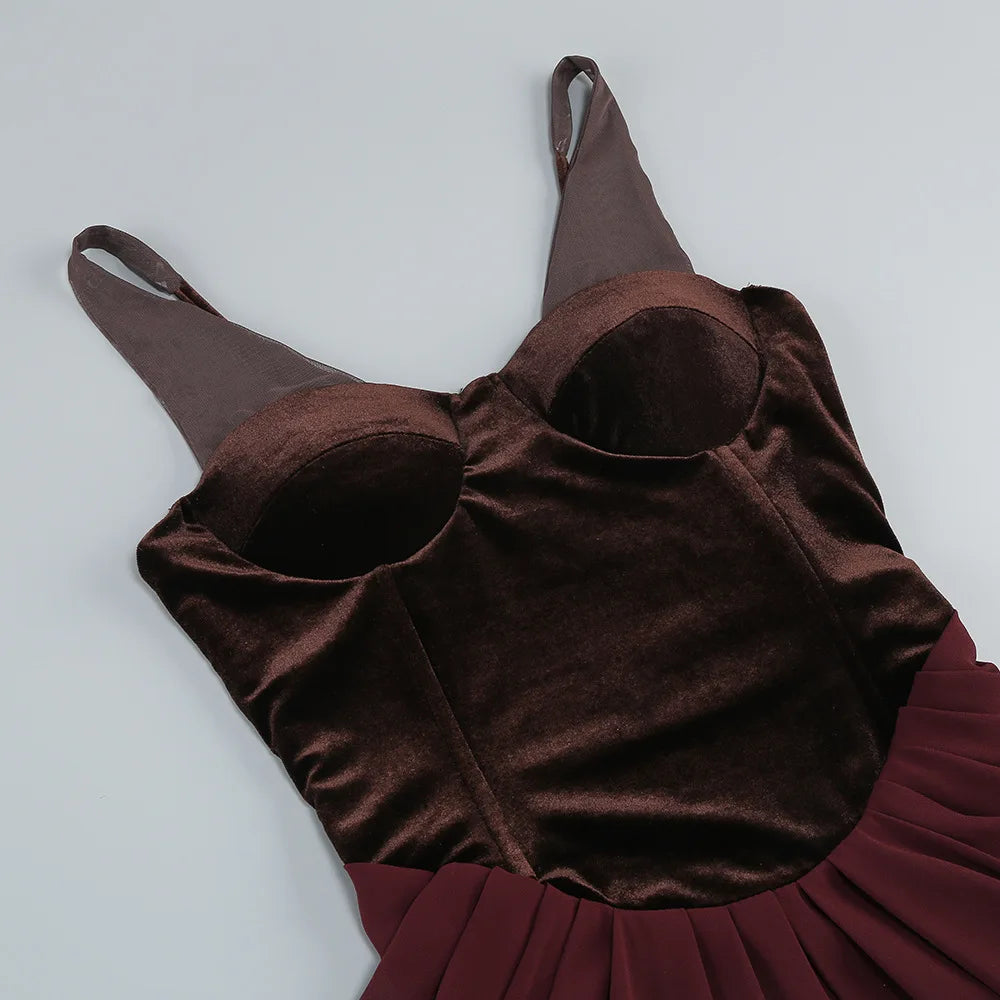 Doodletown Elegant Evening Party Gowns Mesh Straps Velvet Patchwork Long Maxi Dress