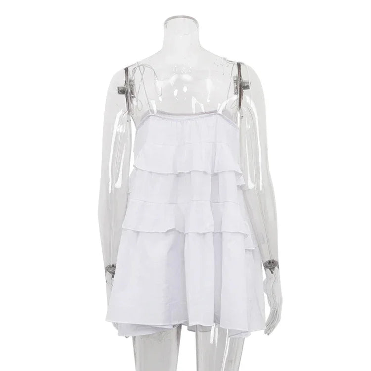 Union Solid Color Cotton Spaghetti Strap Slip Layered Ruffle Dress