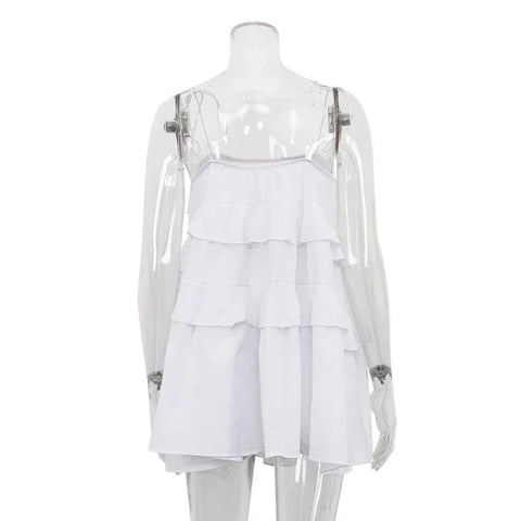 Union Solid Color Cotton Spaghetti Strap Slip Layered Ruffle Dress