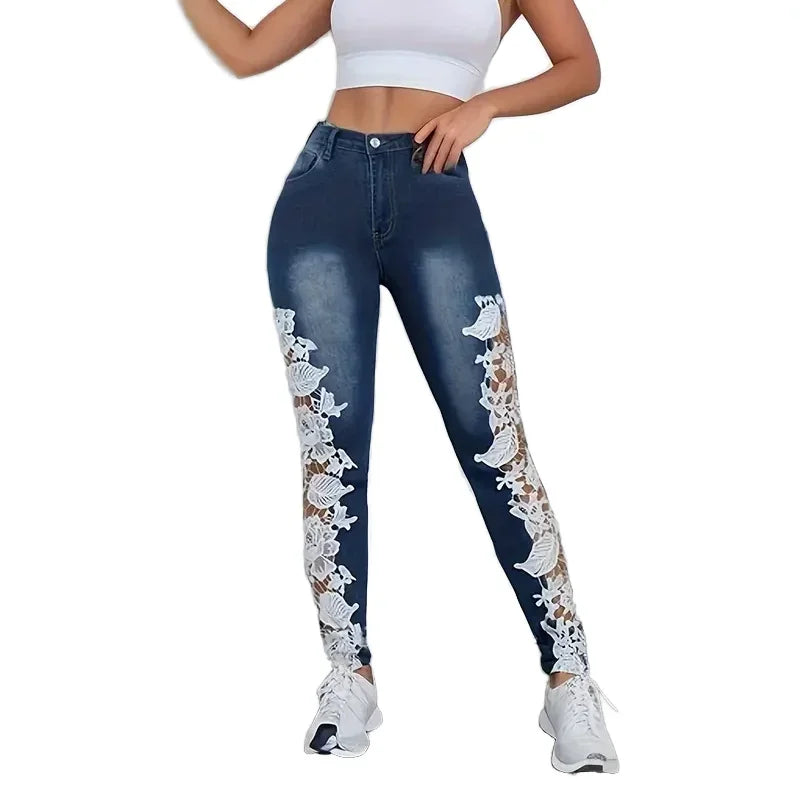 Mantage Lace Hollowed-Out Mid-Waist Jeans Casual Slim Fit Skinny Denim