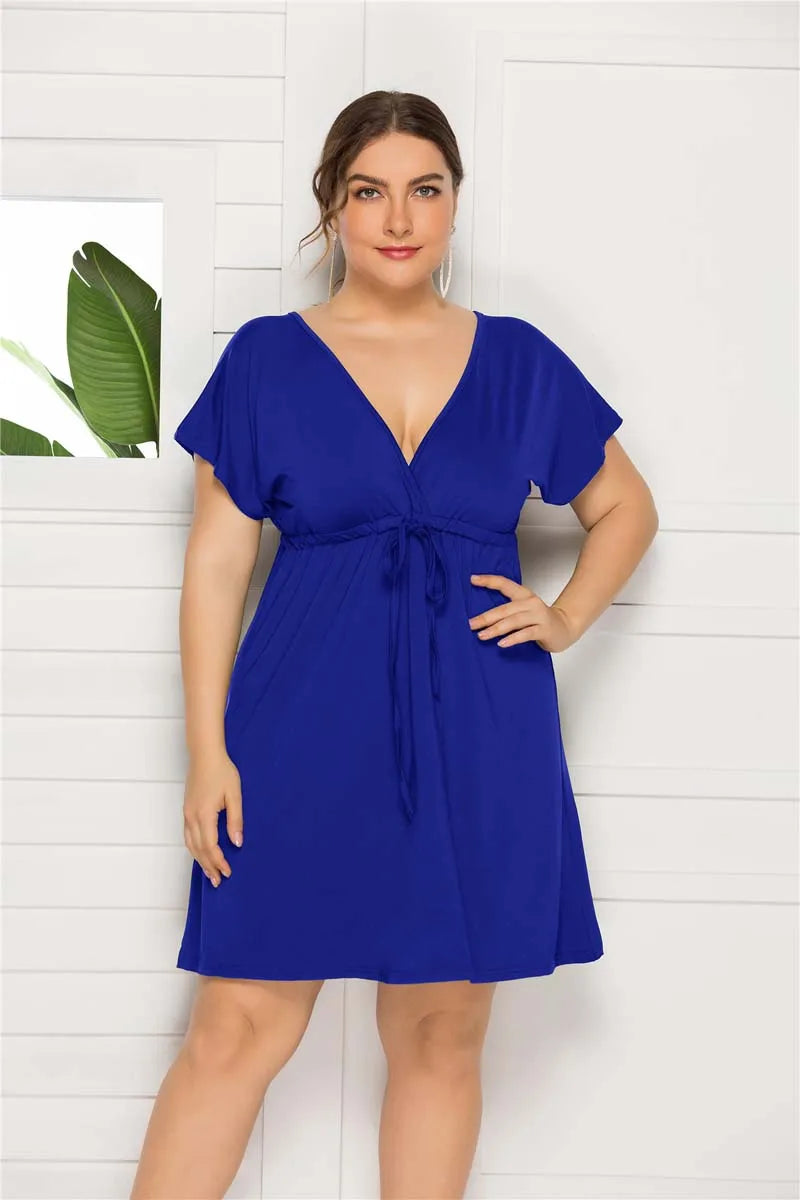 PLUS SIZE V Neck Sleeve Elastic Waist Frenulum Casual Loose Mini Dress