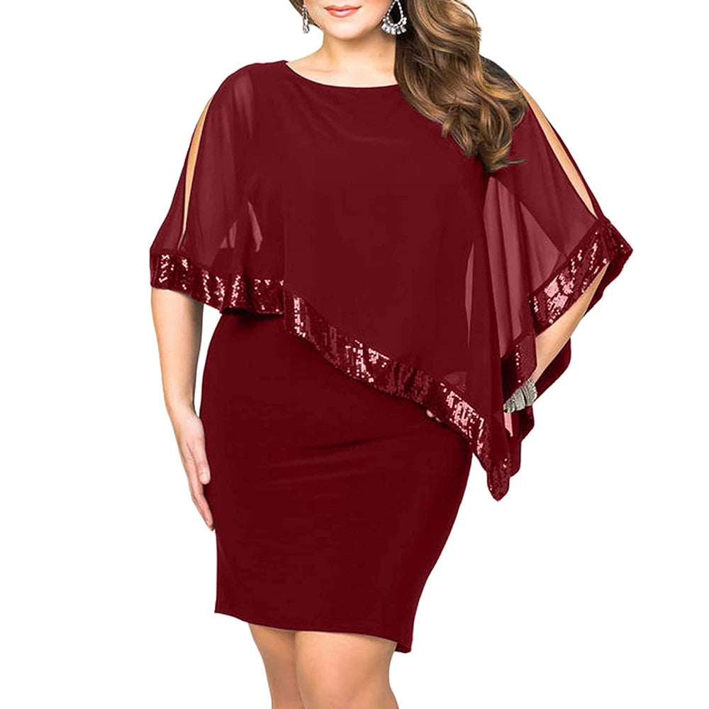 Carolina Plus Size Sexy Cold Shoulder Overlay Asymmetric Chiffon Strapless Sequins Dress