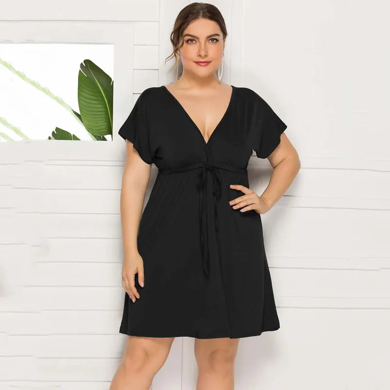 PLUS SIZE V Neck Sleeve Elastic Waist Frenulum Casual Loose Mini Dress