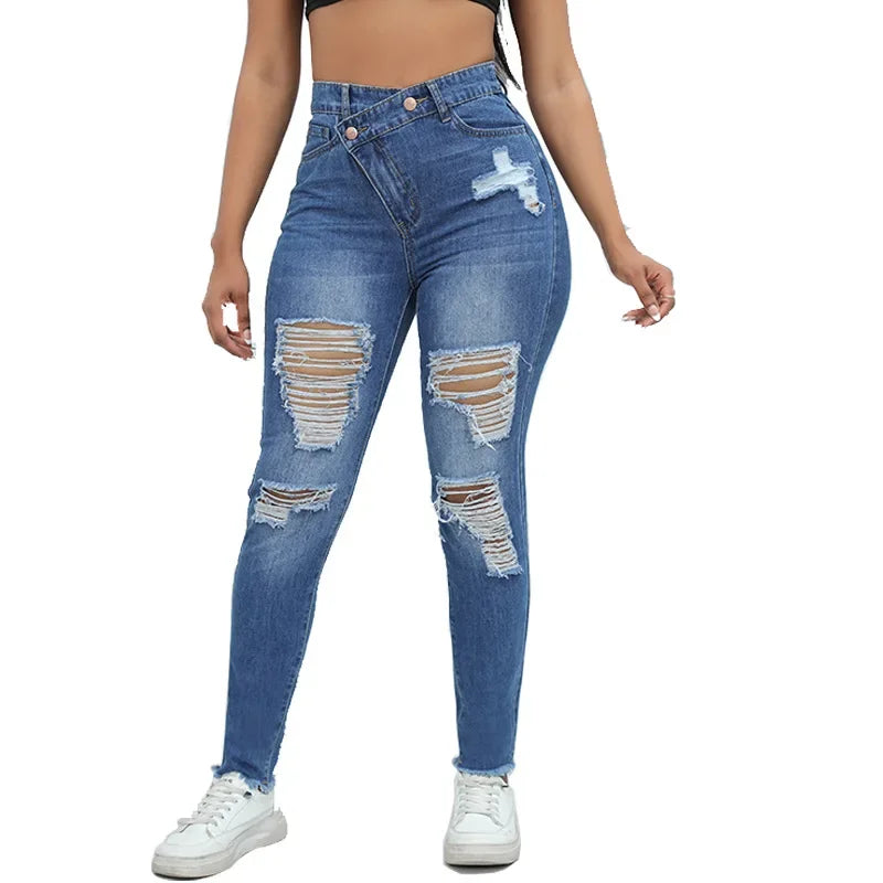 Toms River Ripped Holes Stretch Slash Pockets Distressed High Waist Pencil Denim Jeans
