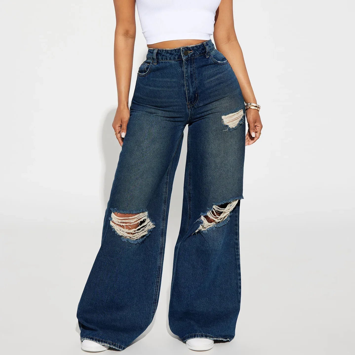 Phoenixville High-Waisted Wide-Leg Ripped Fabric Dark Wash Casual Jeans Denim