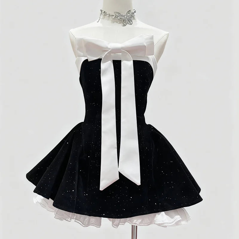 Monsey Sweet Style Sleeveless Tube Layered A-line Bow Ruffles Mini Dress