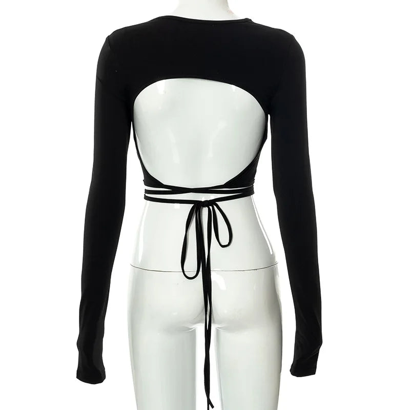 Saturn Sexy Backless Lace ups Pullover Black O Neck Slim Long Sleeve Tops