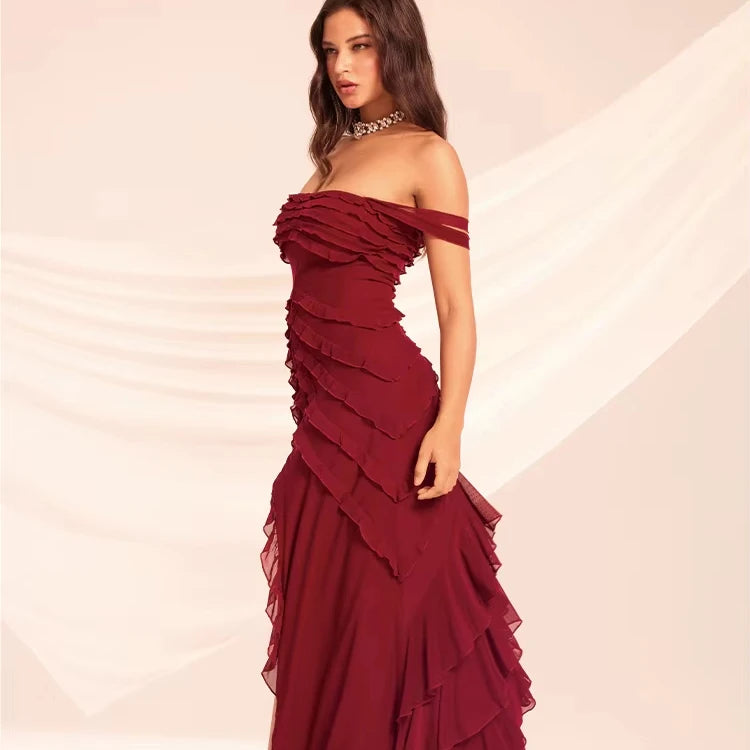 Willow Grove Strapless Ruffles Elegant Print Knitted Evening Gown Maxi Dress