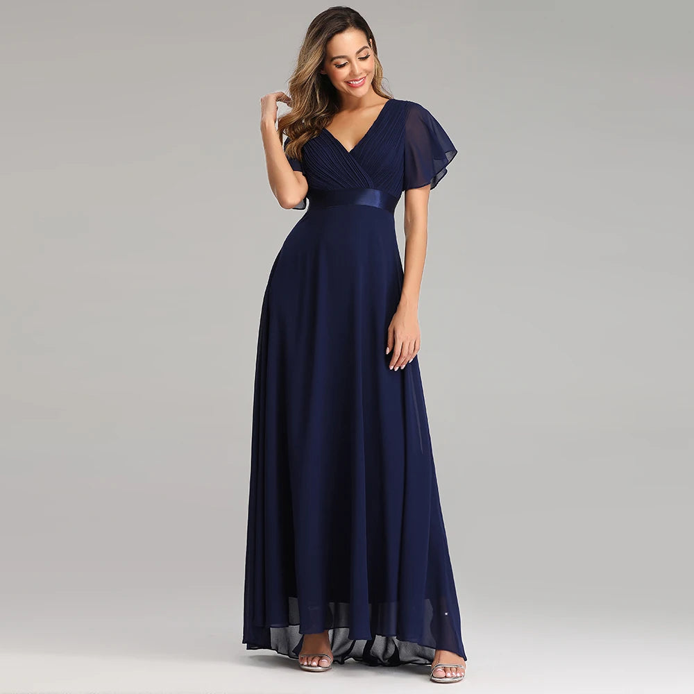 Kerney Elegant V Neck Ruffles Chiffon Formal Evening Gown Dress