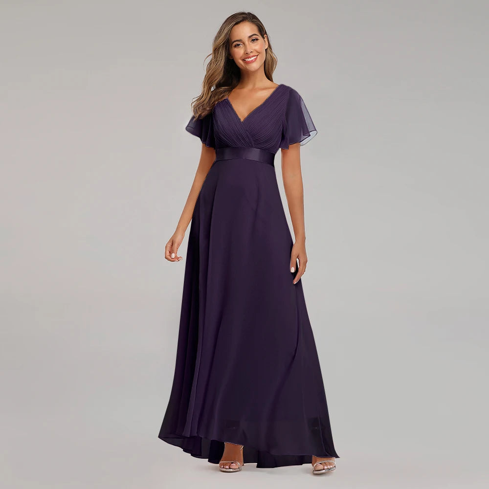 Kerney Elegant V Neck Ruffles Chiffon Formal Evening Gown Dress