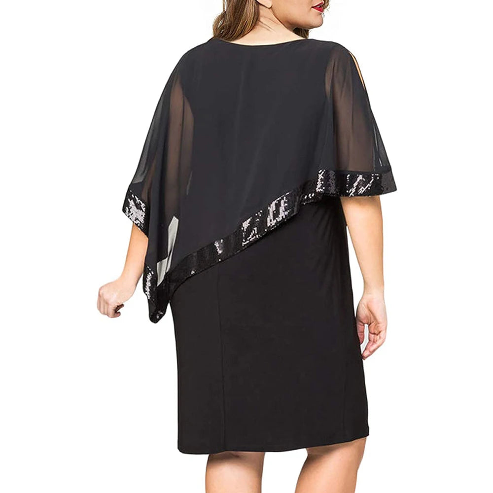 Carolina Plus Size Sexy Cold Shoulder Overlay Asymmetric Chiffon Strapless Sequins Dress