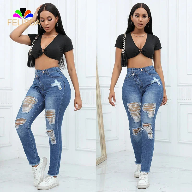 Toms River Ripped Holes Stretch Slash Pockets Distressed High Waist Pencil Denim Jeans