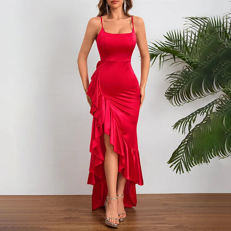 Ruffles Asymmetric Spaghetti Strap Nightclub Sexy Party Maxi Dress