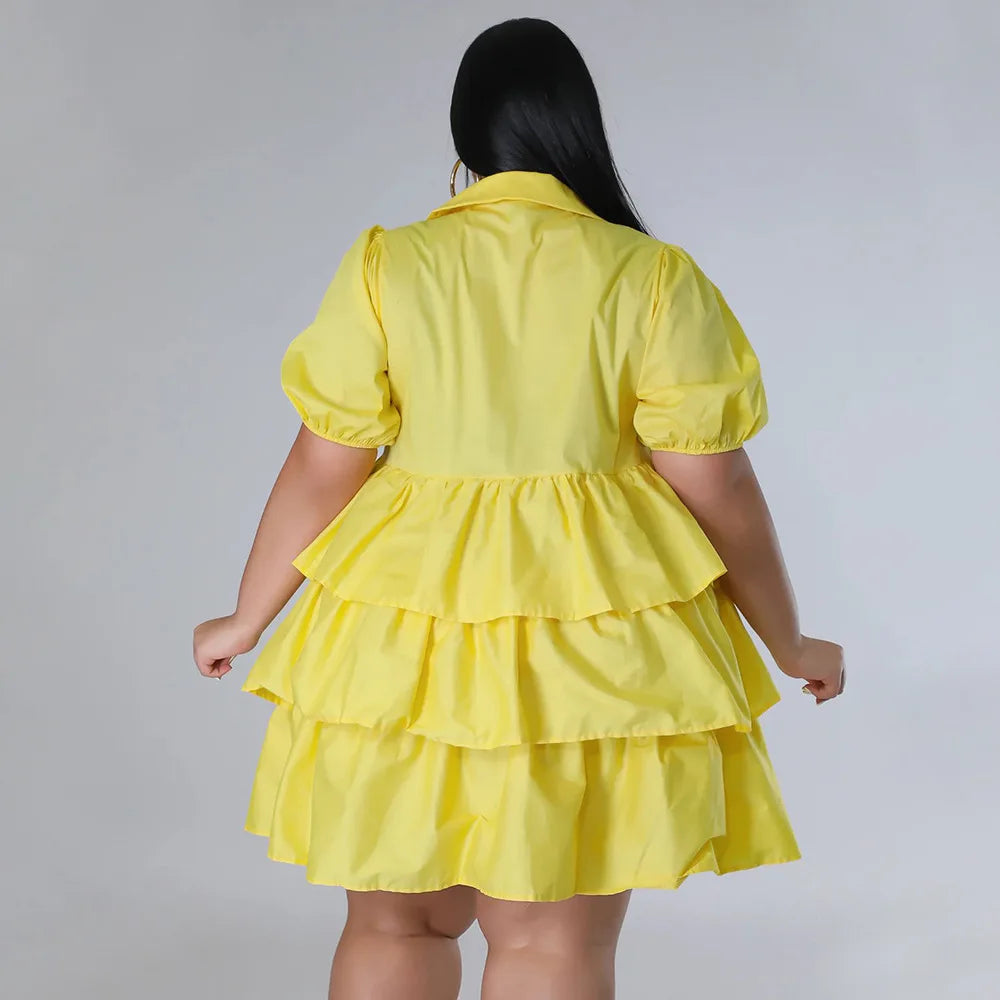 Chicago Solid Color Plus Size Ruffles Casual Loose Turn-Down Collar Dress