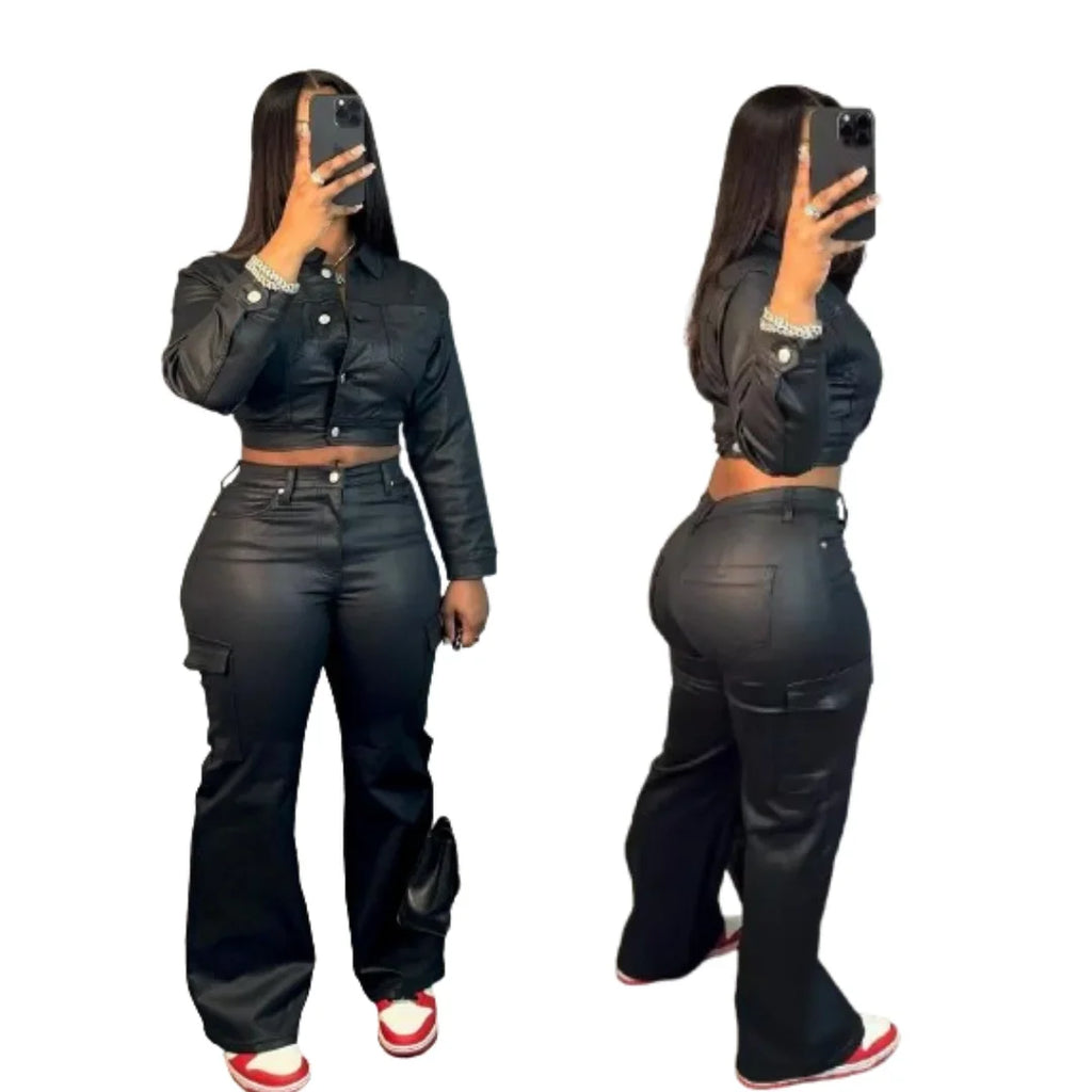 Buffalo Leather Suit Crop Slim-Fit Leather Casual Tracksuit Two Piece Set