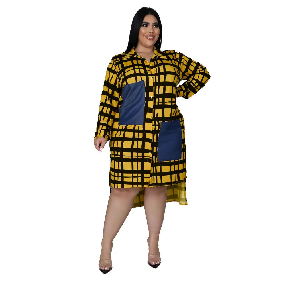 Kentucky Buttons Casual Long Sleeve Loose Office Lady Plaid Midi Dress