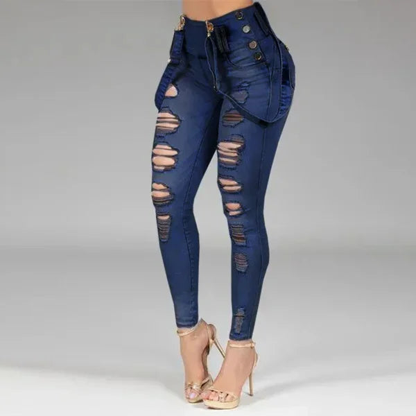 Lacey High Waisted Straight Skinny Stretchy Streetwear Ladies Hole Washed Bandage Denim