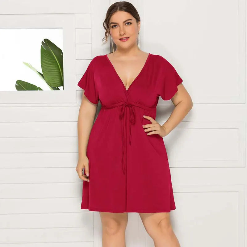 PLUS SIZE V Neck Sleeve Elastic Waist Frenulum Casual Loose Mini Dress