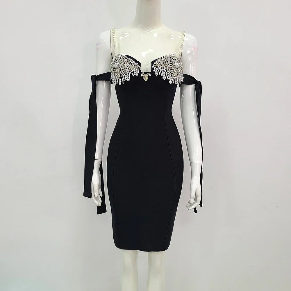 Cranford Backless Pearl Diamonds Crystal Black Mini Bodycon Bandage Dress