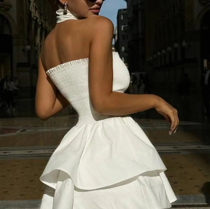 Wood Ridge Backless Off Shoulder Ruffle Sleeveless Female Cake Hem Mini Dress