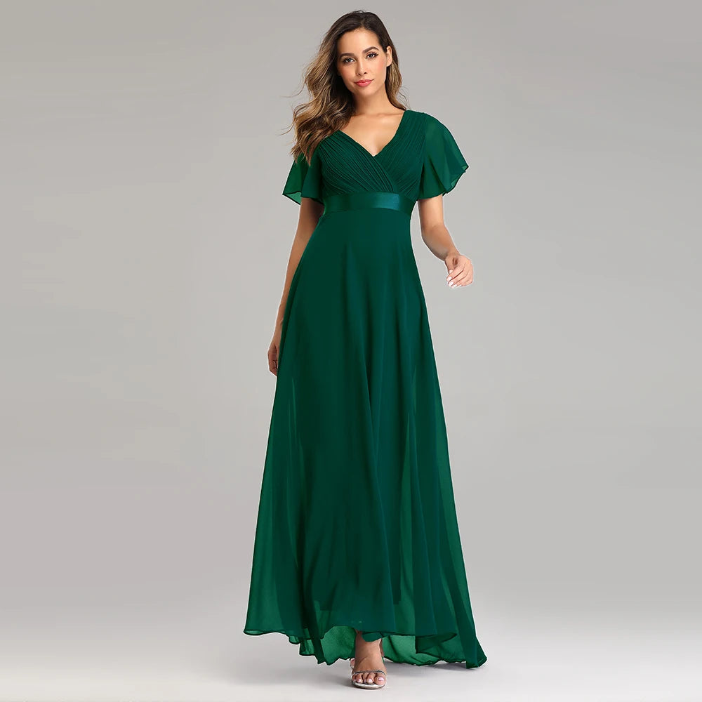 Kerney Elegant V Neck Ruffles Chiffon Formal Evening Gown Dress