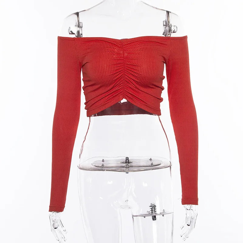 Marte Club Fashion Long Sleeve Off Shoulder Solid Color Blouse