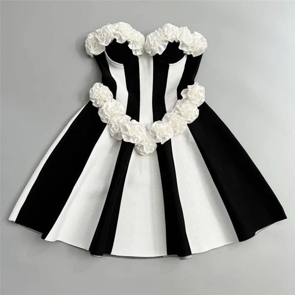 New Square 3D Flowers Sexy Stripe Strapless Bandage Club Party Elegant Mini Dress