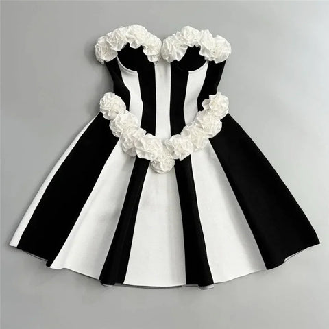 New Square 3D Flowers Sexy Stripe Strapless Bandage Club Party Elegant Mini Dress