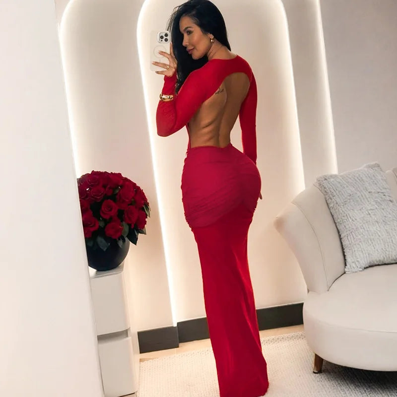 Schenectedy O Neck Long Sleeve Backless Sexy Black Mesh Full Length Maxi Dresses