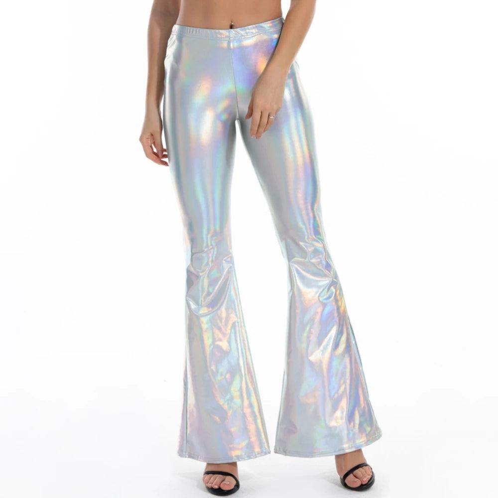 Aruba Sexy PU Leather Metallic Shiny Holographic Flare Pants