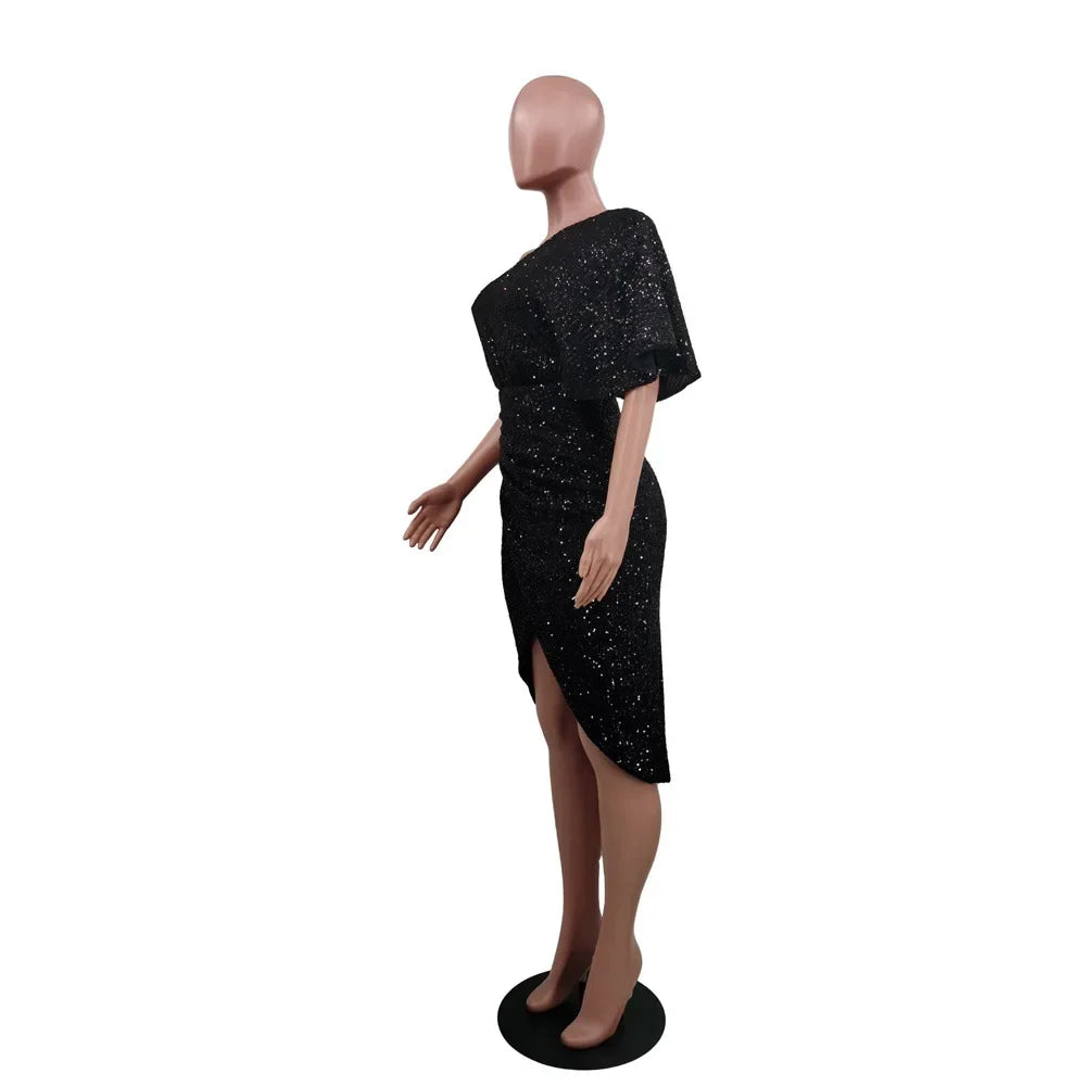 Patchoque Off-Shoulder Dress Solid Color Sequin Anti-Static Cross-Border Dress