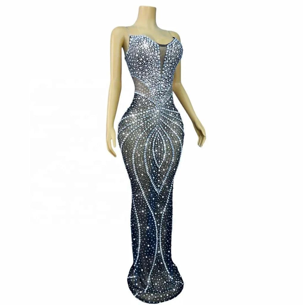 Allamuchy  Elegant Floor Length Bodycon Off-The-Shoulder Crystal Illusion Dress