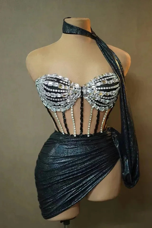 Glen Gardner Chiffon Tube Bandage Natural Sparkly Rhinestones Dress