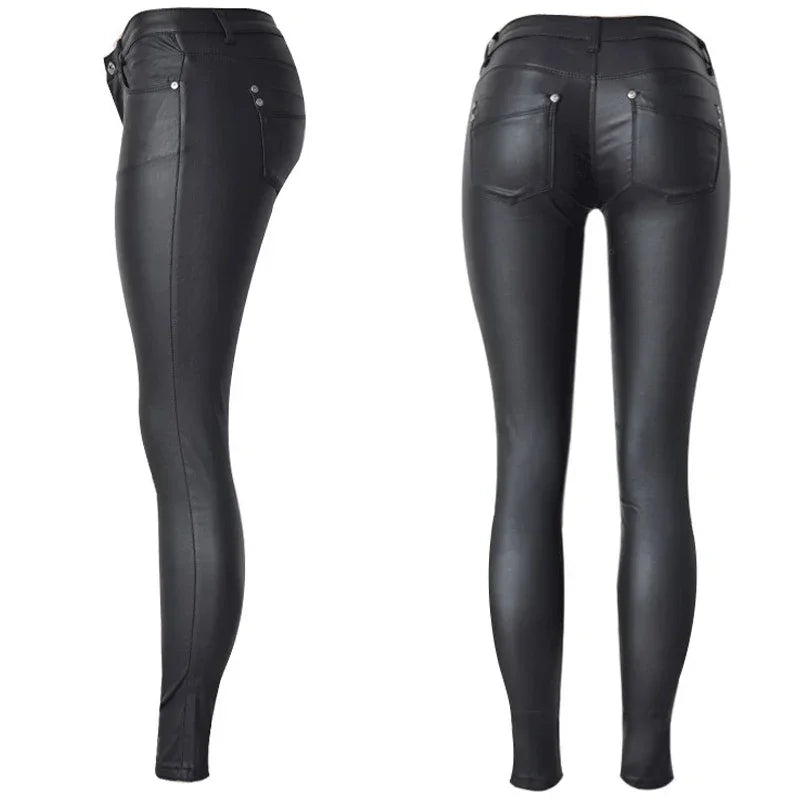 Staten Island Low Waist Faux Pu Leather Pants Punk Gothic Lady Skinny Pencil Trousers