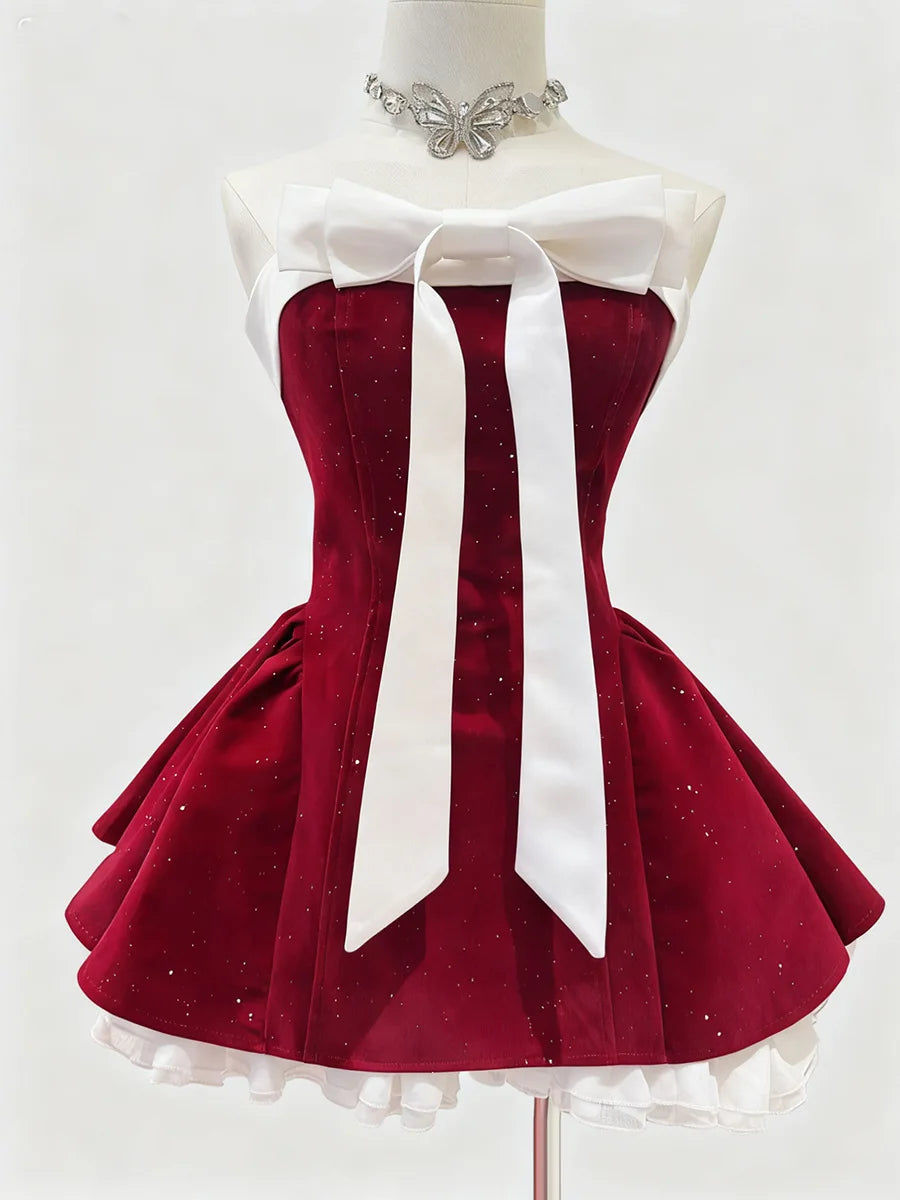 Monsey Sweet Style Sleeveless Tube Layered A-line Bow Ruffles Mini Dress